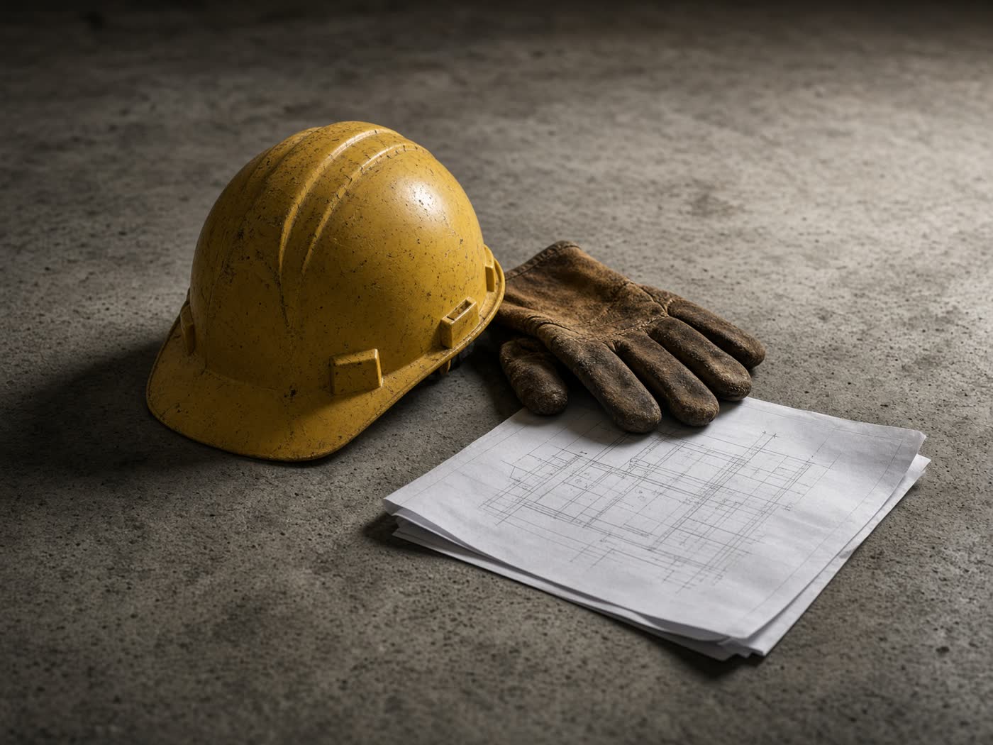 Gelber Schutzhelm, Handschuhe und Plan auf Beton